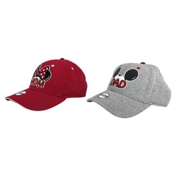 Disney Set Mickey & Minnie Hats Baseball Cap Men's Women's 2 Pack (Red MOM & Grey DAD)