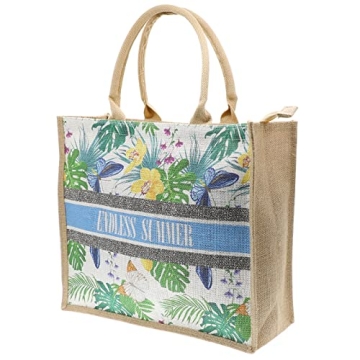 JNF Straw Beach Bag Jute Beach Tote Bags for Women Burlap Tote Bag with Zipper Reusable Grocery Shop...