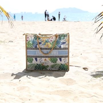 JNF Straw Beach Bag Jute Beach Tote Bags for Women Burlap Tote Bag with Zipper Reusable Grocery Shopping Bag with Handle (flower black)