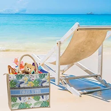 JNF Straw Beach Bag Jute Beach Tote Bags for Women Burlap Tote Bag with Zipper Reusable Grocery Shopping Bag with Handle (flower black)