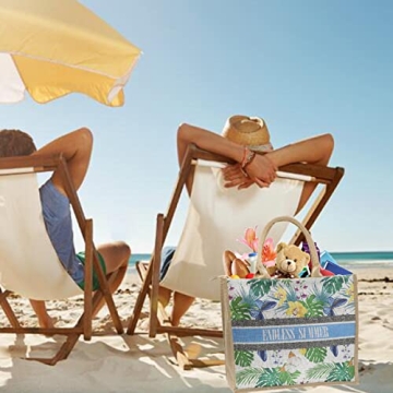 JNF Straw Beach Bag Jute Beach Tote Bags for Women Burlap Tote Bag with Zipper Reusable Grocery Shopping Bag with Handle (flower black)