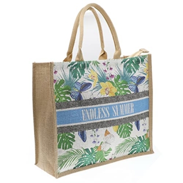 JNF Straw Beach Bag Jute Beach Tote Bags for Women Burlap Tote Bag with Zipper Reusable Grocery Shopping Bag with Handle (flower black)