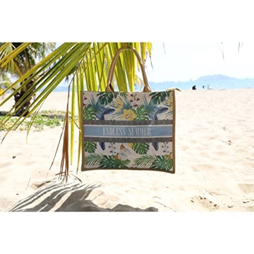 JNF Straw Beach Bag Jute Beach Tote Bags for Women Burlap Tote Bag with Zipper Reusable Grocery Shopping Bag with Handle (flower black)