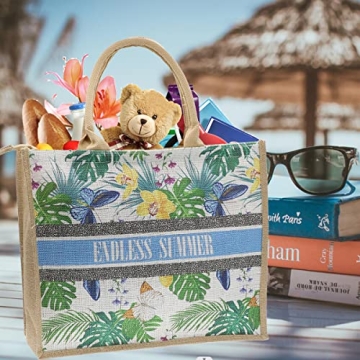 JNF Straw Beach Bag Jute Beach Tote Bags for Women Burlap Tote Bag with Zipper Reusable Grocery Shopping Bag with Handle (flower black)