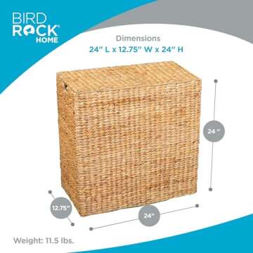 BIRDROCK HOME Handwoven Double Laundry Hamper | Removable Liner Bags | Laundry Basket with Lid - Col...