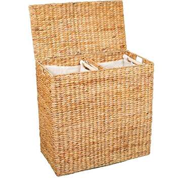 BIRDROCK HOME Handwoven Double Laundry Hamper | Removable Liner Bags | Laundry Basket with Lid - College Dorm Room Essentials, Bathroom, Bedroom, Home Clothes Storage, Organization | Natural