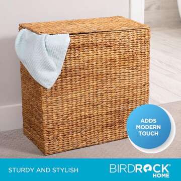 BIRDROCK HOME Handwoven Double Laundry Hamper | Removable Liner Bags | Laundry Basket with Lid - College Dorm Room Essentials, Bathroom, Bedroom, Home Clothes Storage, Organization | Natural