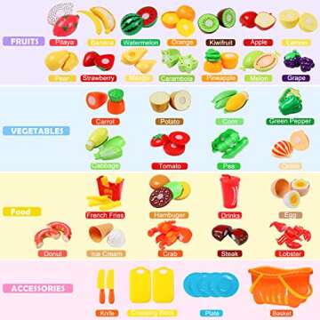 88PCS Cutting Play Food Sets for Kids, Pretend Play Kitchen Toys Accessories with Storage Basket, Pl...