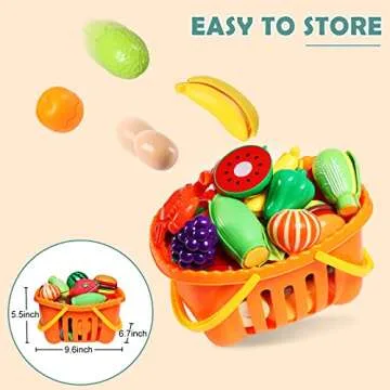 88PCS Cutting Play Food Sets for Kids, Pretend Play Kitchen Toys Accessories with Storage Basket, Plastic Fruits & Vegetables, Educational Toy for Toddlers Girls Boys Birthday Gifts