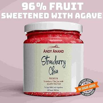 Andy Anand Organic Strawberry Chia Jam 96% fruit, sweetened with Agave, Only 4 ingredients, Low Calorie, All natural, nutritive and energetic food, Vegan, Gluten Free, GMO-Free (9.6 oz)