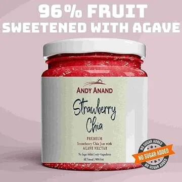 Andy Anand Organic Strawberry Chia Jam 96% fruit, sweetened with Agave, Only 4 ingredients, Low Calorie, All natural, nutritive and energetic food, Vegan, Gluten Free, GMO-Free (9.6 oz)