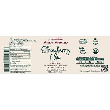 Andy Anand Organic Strawberry Chia Jam 96% fruit, sweetened with Agave, Only 4 ingredients, Low Calorie, All natural, nutritive and energetic food, Vegan, Gluten Free, GMO-Free (9.6 oz)
