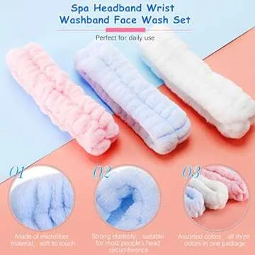 Chuangdi 9 Pcs Reusable Spa Headband Wrist Washband Face Wash Set Include 3 Microfiber Headband 6 Wrist Washband for Women Avoid Liquid from Spilling Down Arms(White, Pink, Blue)