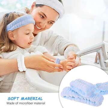 Chuangdi 9 Pcs Reusable Spa Headband Wrist Washband Face Wash Set Include 3 Microfiber Headband 6 Wrist Washband for Women Avoid Liquid from Spilling Down Arms(White, Pink, Blue)