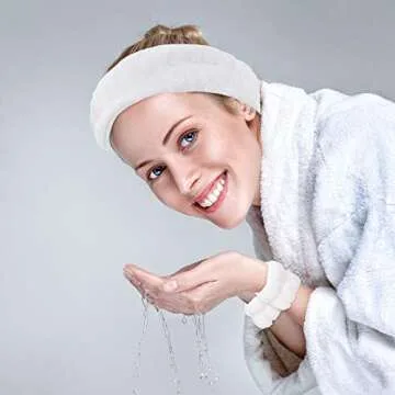Chuangdi 9 Pcs Reusable Spa Headband Wrist Washband Face Wash Set Include 3 Microfiber Headband 6 Wrist Washband for Women Avoid Liquid from Spilling Down Arms(White, Pink, Blue)