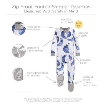 Burt's Bees Baby Boys' Pajamas, Zip-Front Non-Slip Footed PJs, Organic Cotton Sleepers, Indigo Hello...