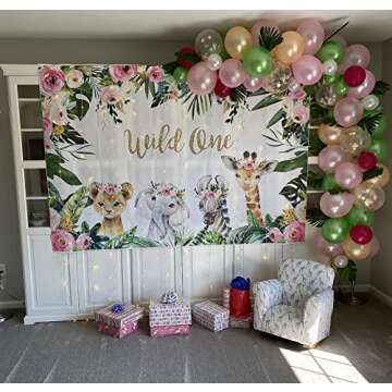 Mocsicka Girl Wild One Backdrop Jungle Safari Animals 1st Birthday Vinyl Photo Background 7x5ft Gold Wild One Birthday Banner Backdrops for Girls Cake Dessert Table Decorations