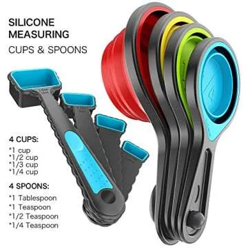 Kaptron Tools Spoons and Collapsible Measuring Cups Set 8 Pieces, Multiple Sizes, Multicolor