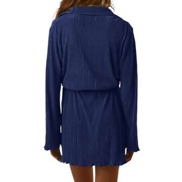LYANER Women's Collar V Neck Button Down Pleated Long Sleeve Mini Shirt Dress with Belt Navy Blue Me...