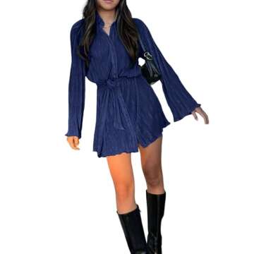LYANER Women's Collar V Neck Button Down Pleated Long Sleeve Mini Shirt Dress with Belt Navy Blue Medium
