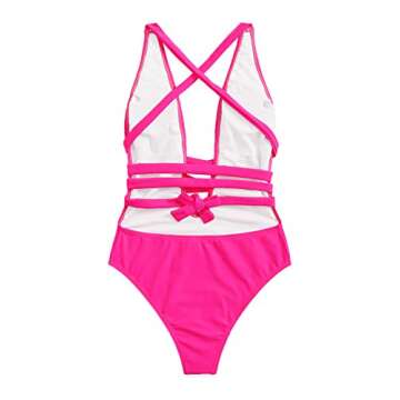 SweatyRocks Women's Sexy Criss Cross Tie Knot Front Deep V Open Back Neon Pink One Piece Swimwear Z#Hot Pink S