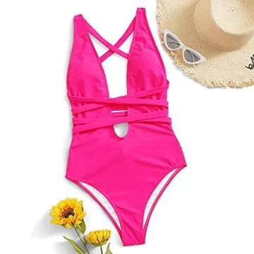 SweatyRocks Women's Sexy Criss Cross Tie Knot Front Deep V Open Back Neon Pink One Piece Swimwear Z#Hot Pink S