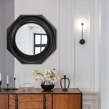 Creative Co-Op Hexagonal Carved Wood Framed Wall Mirror, Black