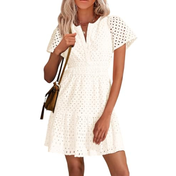 PRETTYGARDEN Womens 2024 Summer Short Dress V Neck Short Sleeve A Line Hollow Out Lace Ruffle Cute Casual Beach Party Dresses (Beige White,Small)