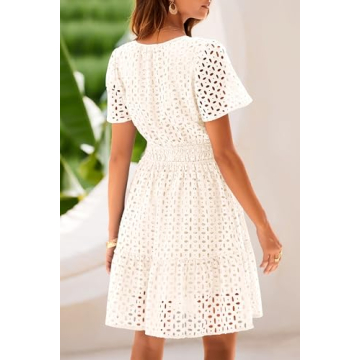 PRETTYGARDEN Womens 2024 Summer Short Dress V Neck Short Sleeve A Line Hollow Out Lace Ruffle Cute Casual Beach Party Dresses (Beige White,Small)