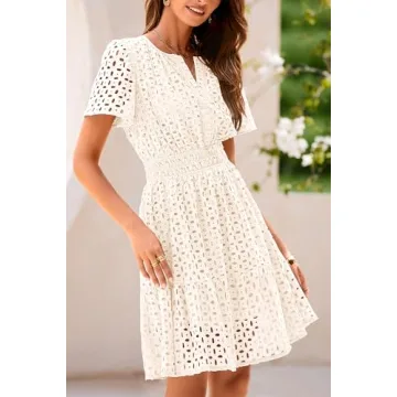 PRETTYGARDEN Womens 2024 Summer Short Dress V Neck Short Sleeve A Line Hollow Out Lace Ruffle Cute Casual Beach Party Dresses (Beige White,Small)