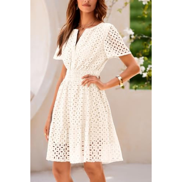 PRETTYGARDEN Womens 2024 Summer Short Dress V Neck Short Sleeve A Line Hollow Out Lace Ruffle Cute Casual Beach Party Dresses (Beige White,Small)