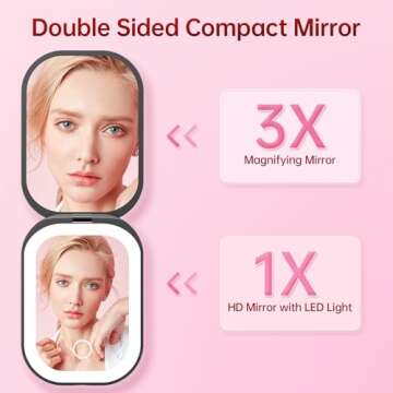 Benbilry Lighted Compact Travel Mirror with 3 Color Lights, 1X/3X Magnifying Ultra Slim Rechargeable Pocket Mirror for Purse, 2-Sided, Handheld, Folding, Portable, Black