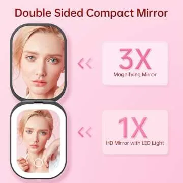 Benbilry Lighted Compact Travel Mirror with 3 Color Lights, 1X/3X Magnifying Ultra Slim Rechargeable Pocket Mirror for Purse, 2-Sided, Handheld, Folding, Portable, Black