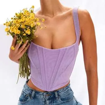 Sdencin Women Sleeveless Sexy Aesthetic Corset Tops E-Girls Spaghetti Strap Lace Crop Top Push Up Bustier Clubwear (Large, Purple)