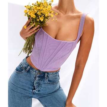 Sdencin Women Sleeveless Sexy Aesthetic Corset Tops E-Girls Spaghetti Strap Lace Crop Top Push Up Bustier Clubwear (Large, Purple)