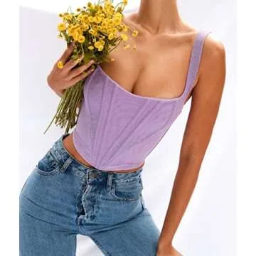 Sdencin Women Sleeveless Sexy Aesthetic Corset Tops E-Girls Spaghetti Strap Lace Crop Top Push Up Bustier Clubwear (Large, Purple)