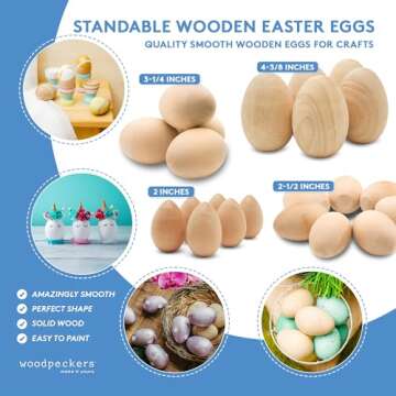 Fake Eggs to Paint, Pack of 30 Smooth Standable Wooden Eggs for Crafts, 2 Inch Wooden Easter Eggs Decor, Wood Chicken Eggs to Paint & Dye, by Woodpeckers