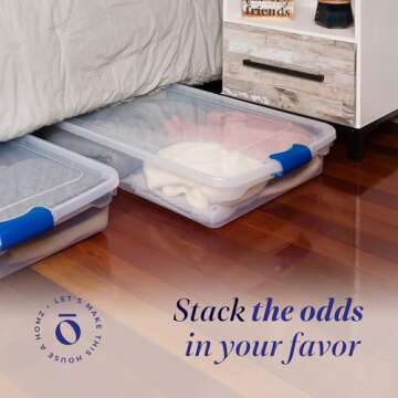 HOMZ 2-Pack Under Bed Storage, Clear Plastic Containers with Lids, 60 Quart, Blue Latch
