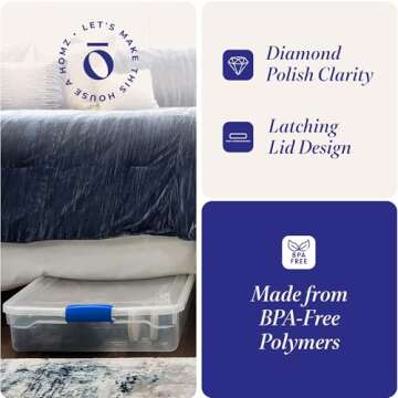 HOMZ 2-Pack Under Bed Storage, Clear Plastic Containers with Lids, 60 Quart, Blue Latch