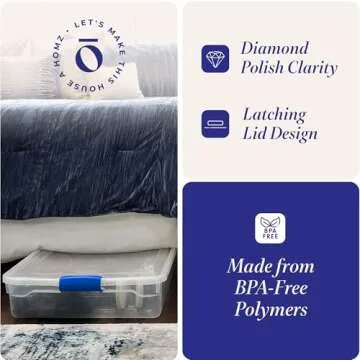 HOMZ 2-Pack Under Bed Storage, Clear Plastic Containers with Lids, 60 Quart, Blue Latch