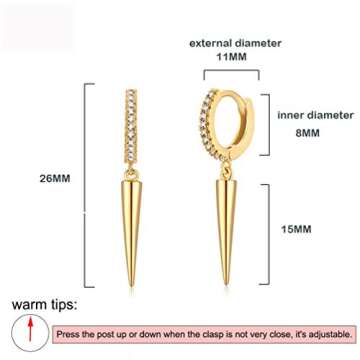 BENEIGE Long Awl Shaped Huggie Earring with Shining Cubic Zirconia 14K Gold Plated Hoop Earrings for Women