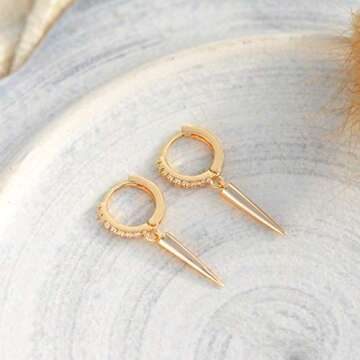 BENEIGE Long Awl Shaped Huggie Earring with Shining Cubic Zirconia 14K Gold Plated Hoop Earrings for Women