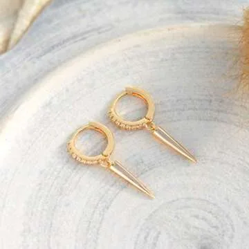 BENEIGE Long Awl Shaped Huggie Earring with Shining Cubic Zirconia 14K Gold Plated Hoop Earrings for Women