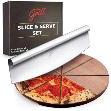 Hans Grill Pizza Cutting Board and Pizza Cutter Rocker Blade Gift Set – Professional Stainless Ste...