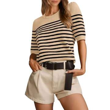Amkoyam Women's 2025 Short Sleeve Crew Neck T Shirts Casual Striped Ribbed Knit Pullover Sweater Tops(Beige,Medium)
