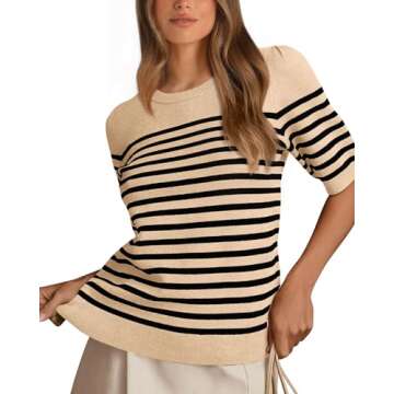 Amkoyam Women's 2025 Short Sleeve Crew Neck T Shirts Casual Striped Ribbed Knit Pullover Sweater Tops(Beige,Medium)