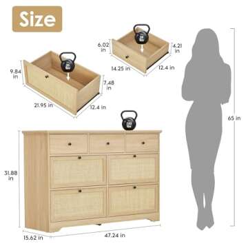 Brafab Mid-Century Natural Rattan Dresser with 7 Drawers, Elegant Cane Dresser for Bedroom Wooden, M...