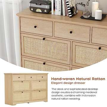 Brafab Mid-Century Natural Rattan Dresser with 7 Drawers, Elegant Cane Dresser for Bedroom Wooden, Modern Boho Long Dressers Drawer Dresser TV Stand with Sturdy Stand for Living Room, Nursery