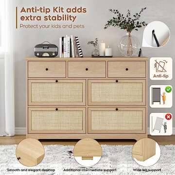 Brafab Mid-Century Natural Rattan Dresser with 7 Drawers, Elegant Cane Dresser for Bedroom Wooden, Modern Boho Long Dressers Drawer Dresser TV Stand with Sturdy Stand for Living Room, Nursery