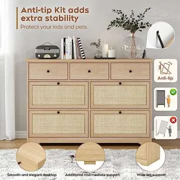 Brafab Mid-Century Natural Rattan Dresser with 7 Drawers, Elegant Cane Dresser for Bedroom Wooden, Modern Boho Long Dressers Drawer Dresser TV Stand with Sturdy Stand for Living Room, Nursery